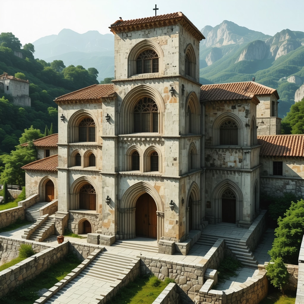 3D digital rendering of the medieval monastery in Peć highlighting architectural details and conservation work