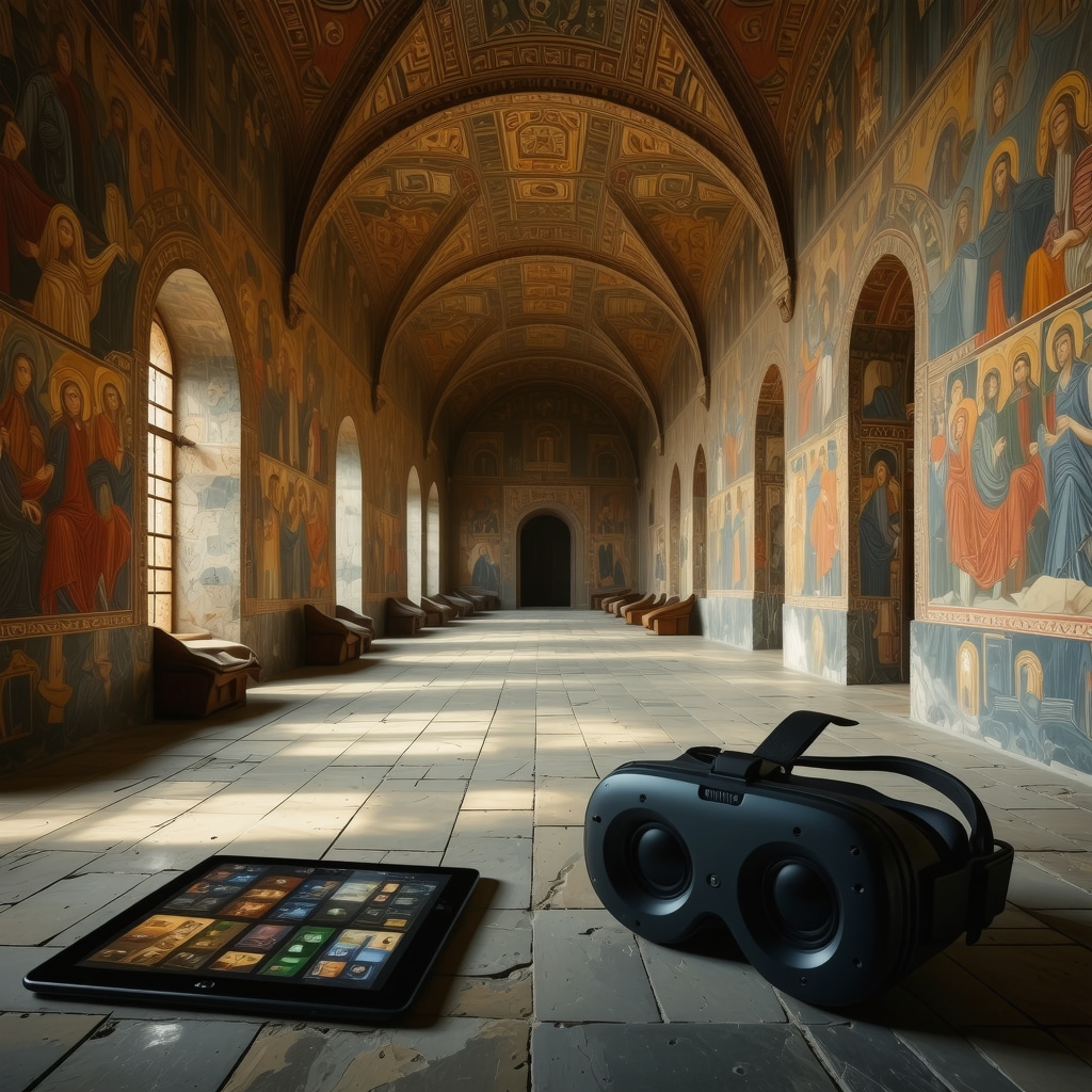 Detailed 3D digital model of Pećka Patrijaršija monastery with digital conservation tools in foreground
