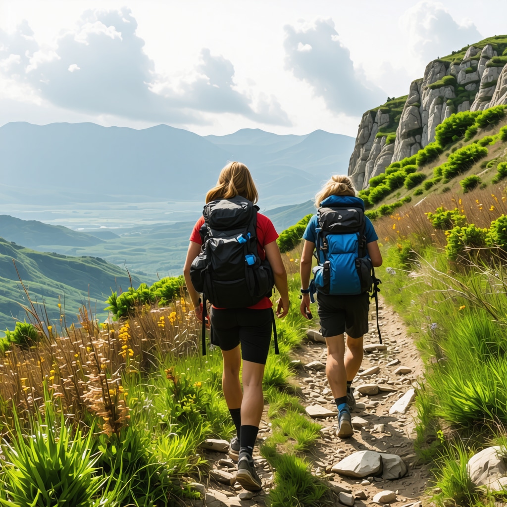 Hikers using GPS devices on a trail surrounded by diverse plants in Vlorë mountains under changing weather
