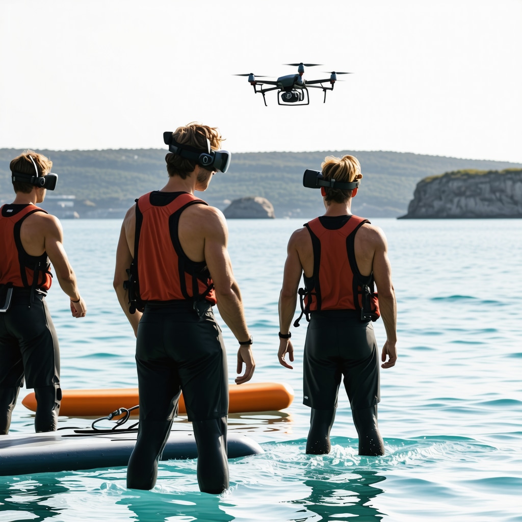 Athletes training watersports with GPS, VR gear, and drones over Adriatic coast in Vodice
