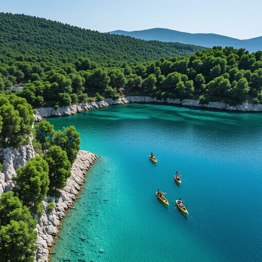 Aerial perspective of Mljet National Park featuring saltwater lakes and eco-friendly tourism with electric bikes and kayaks.