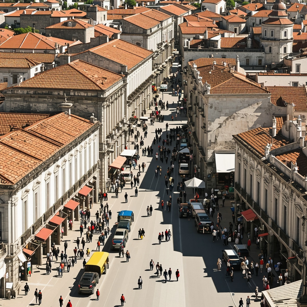 Aerial image showcasing Bitola's historical architecture layers and lively city streets