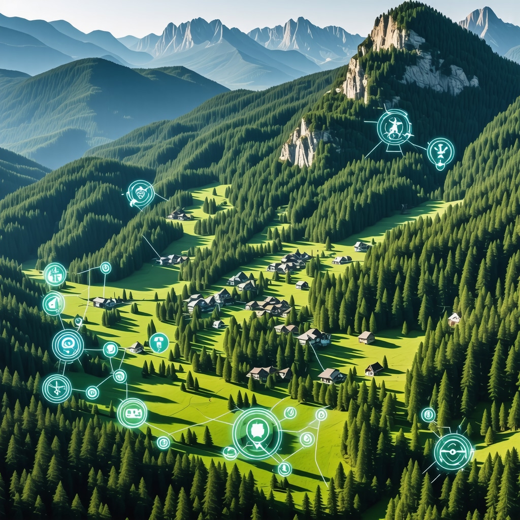 Aerial landscape of Lovćen National Park with graphical icons depicting GIS and drone technology for environmental monitoring