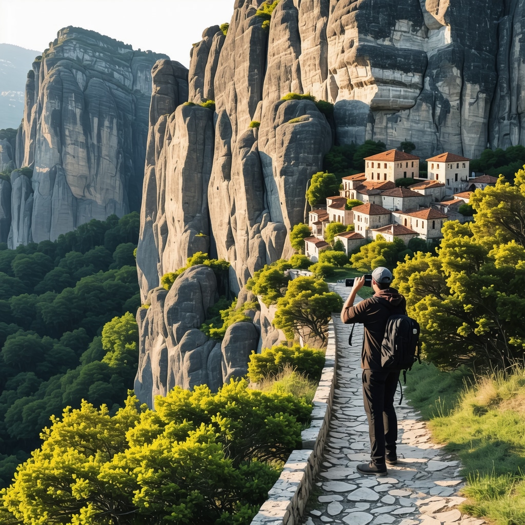 Aerial photograph of Meteora's rock formations with perched monasteries bathed in warm golden light, a hiker using drone photography