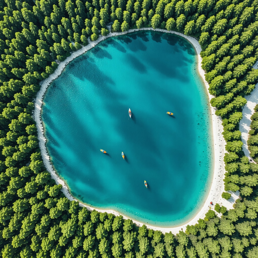 Aerial photo of Mljet National Park featuring salt lakes, pine forests, and sustainable tourism activities like electric biking and kayaking