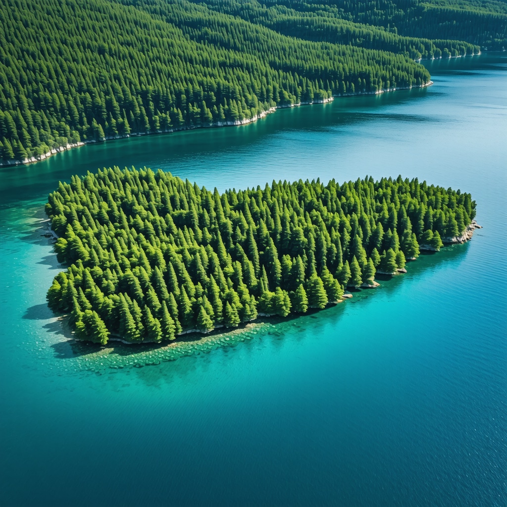 Aerial photograph showing dense forests, two lakes, and Adriatic Sea coastline at Mljet National Park