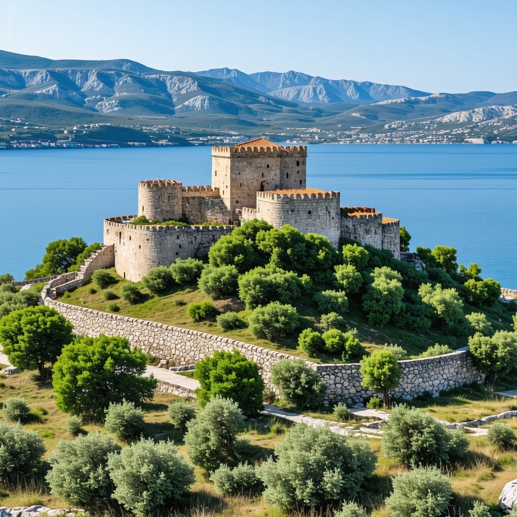 Aerial photograph showing Nehaj Fortress with bastions surrounded by Velebit mountains and Adriatic Sea in Senj