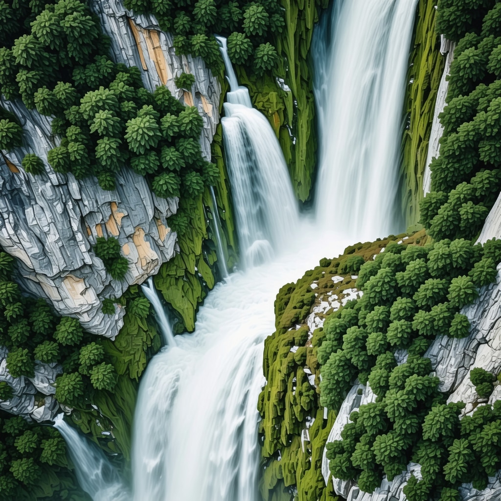 Aerial photo showing Pliva waterfalls with IoT ecological sensors along the riverbanks amidst lush green forest