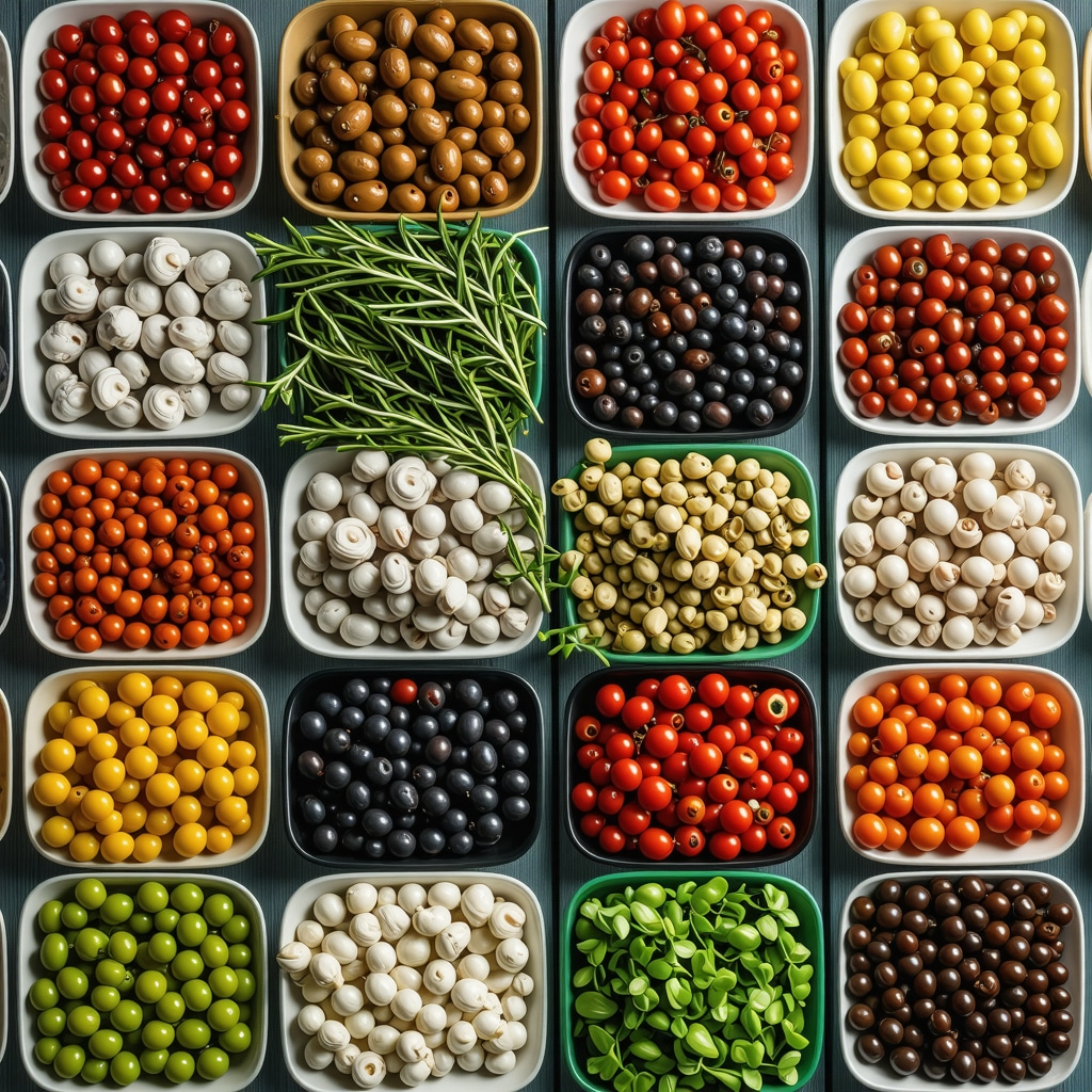 Aerial image showing fresh seafood, olives, herbs, and Mediterranean produce in Thessaloniki's local market