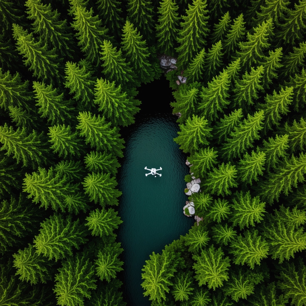 Aerial image of Vrelo Bosne showing natural spring surrounded by forest with visible ecological monitoring equipment