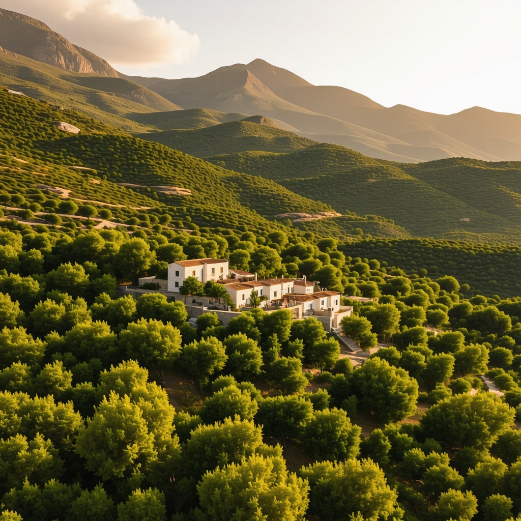 Traditional Cretan village nestled in green mountains under golden sunlight