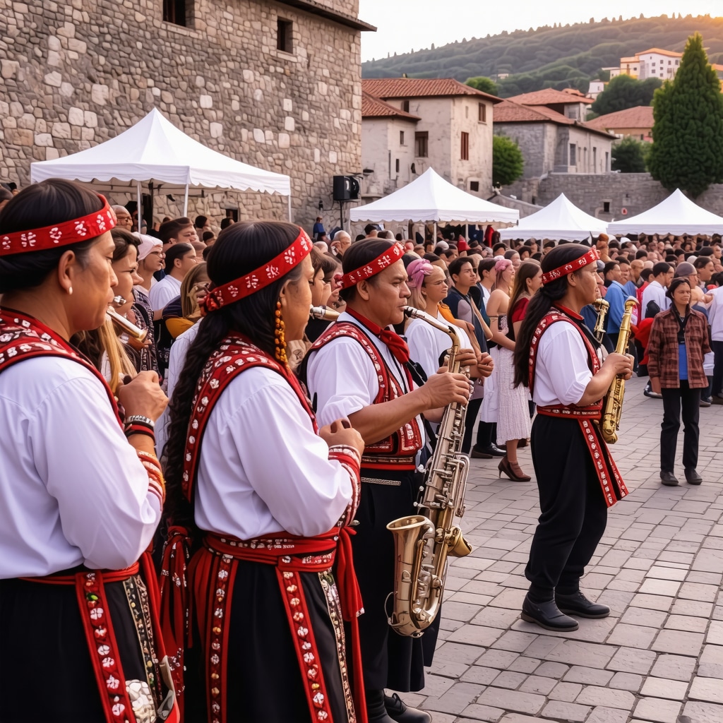 Musicians performing traditional and modern Balkan music at Prizren festival with diverse audience