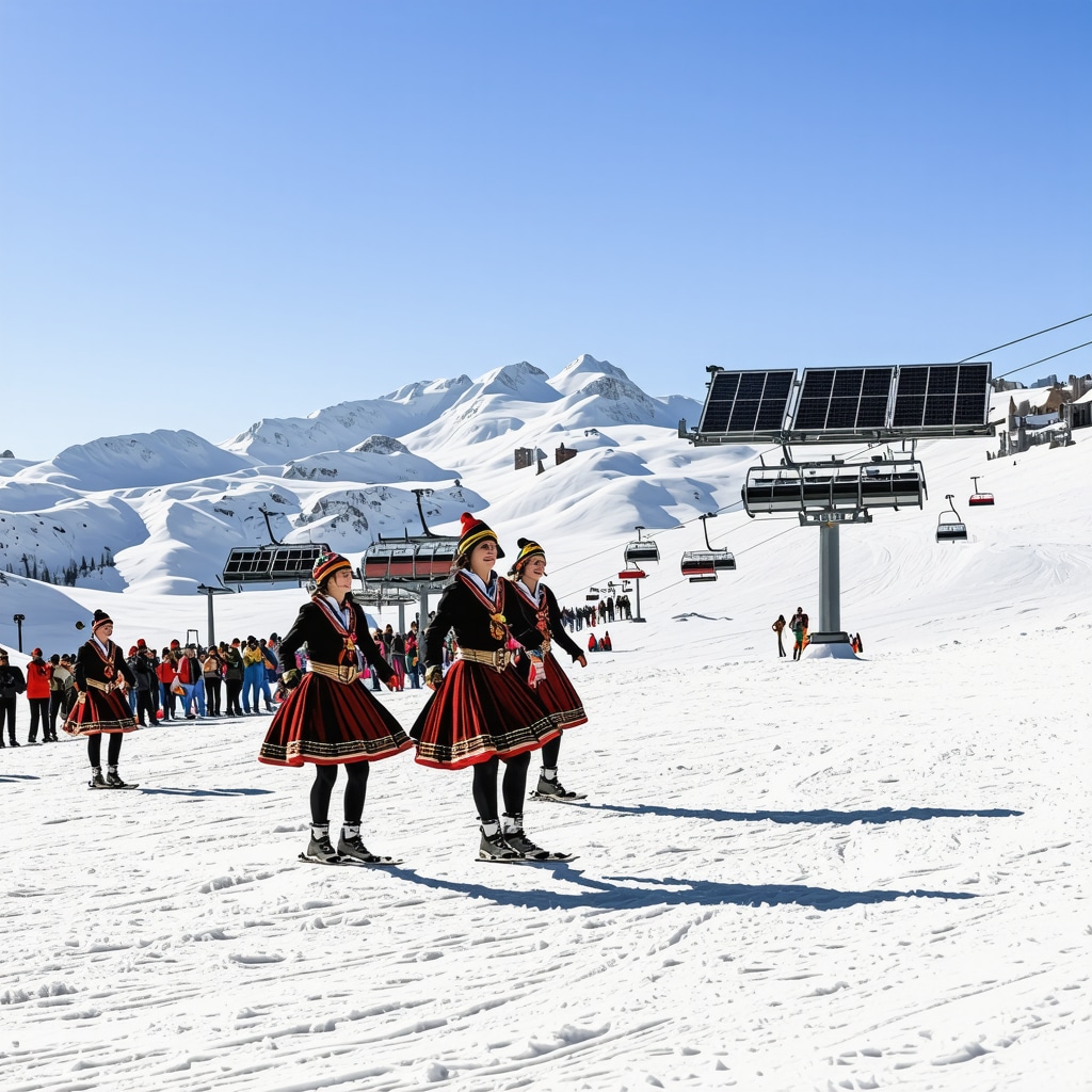 Panoramic winter view of Borovets ski resort featuring AI-powered ski lifts, solar panels, and traditional Bulgarian cultural festival