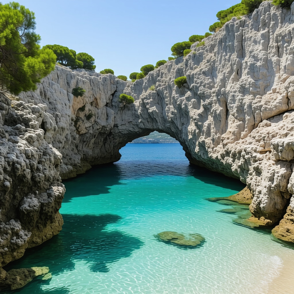 Entrance to a coastal cave with turquoise waters and Mediterranean vegetation near Himara