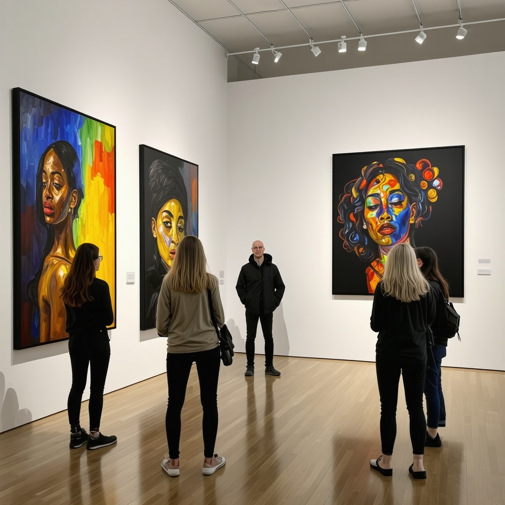 Interior of a modern art gallery with Romanian artwork and visitors in Cluj-Napoca
