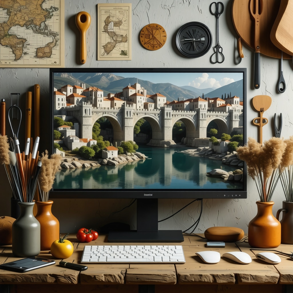 3D digital model of Mostar's Stari Most on computer screen with heritage conservation elements