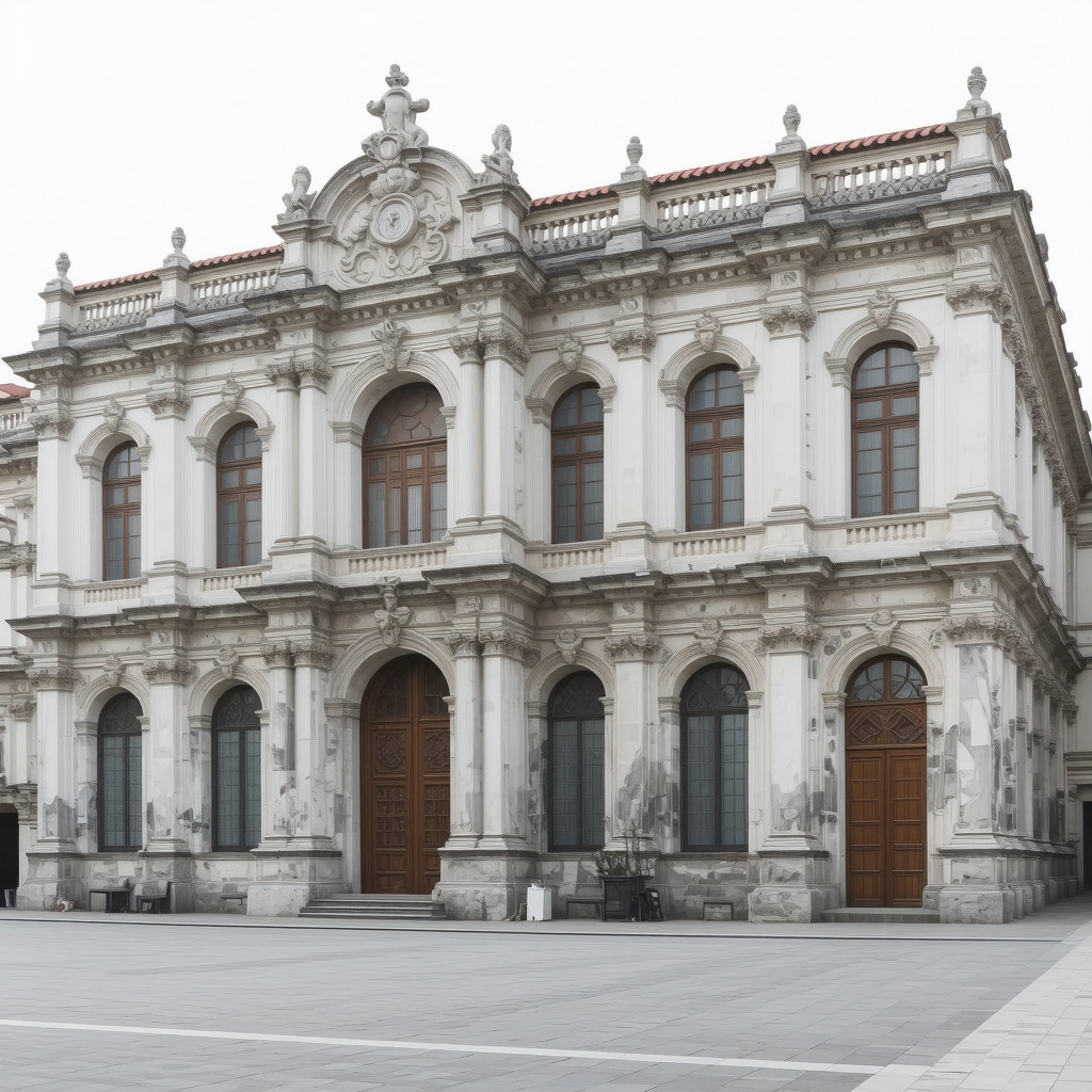 A conservationist performing 3D scanning on an ornate historic building in Bucharest with eco-friendly materials for restoration