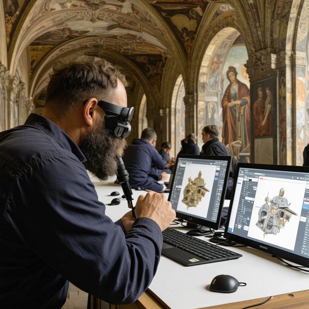 Experts using digital 3D scanning technology on medieval monastery frescoes in Peć for heritage conservation