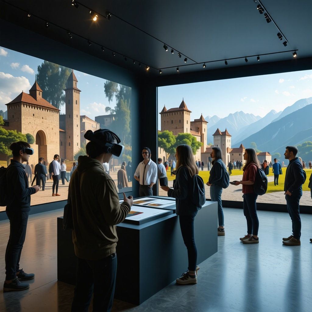 Visitors interacting with a digital exhibit featuring virtual reality and augmented reality elements about Tetovo's culture
