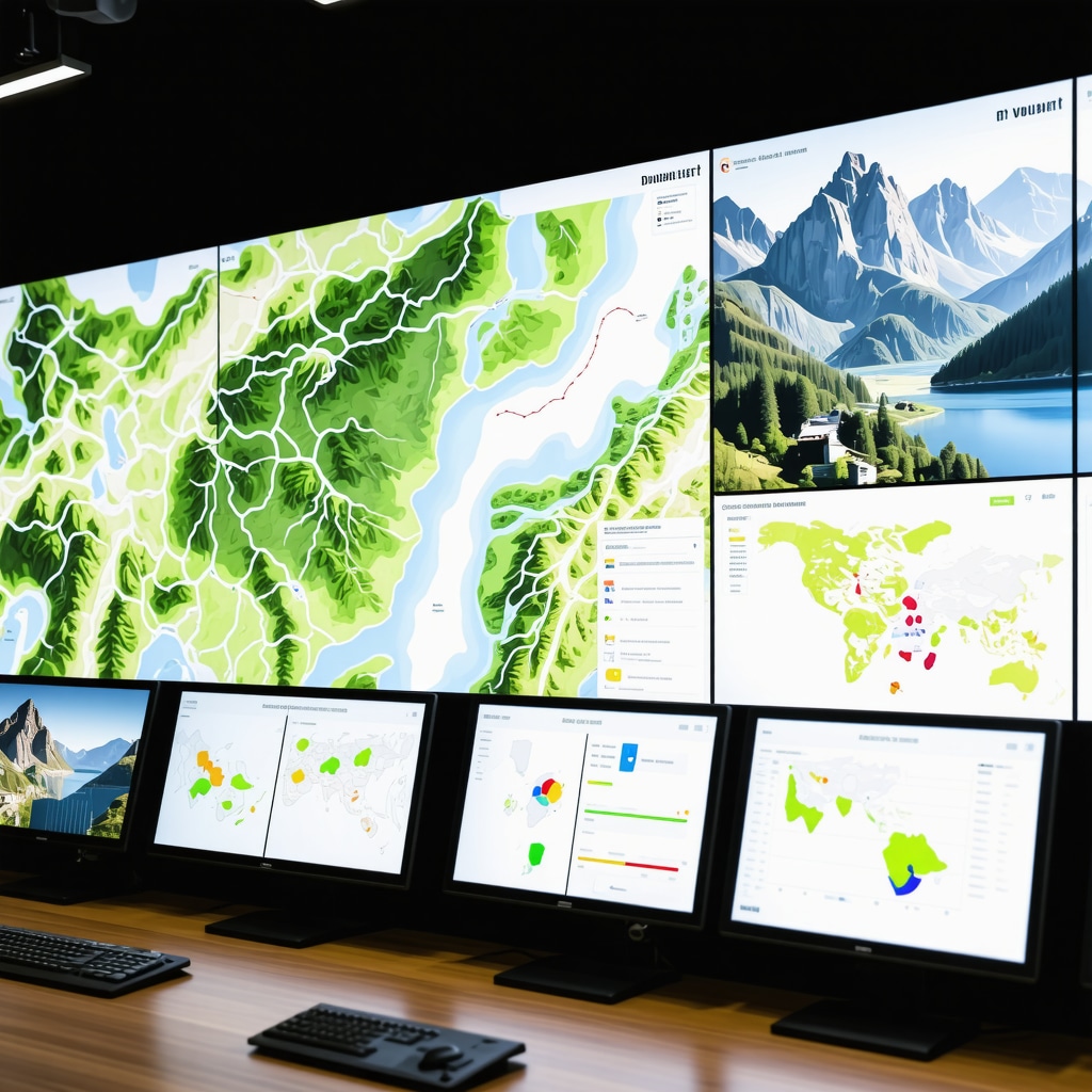 Control center with screens displaying digital maps and data analytics for Jajce's sustainable tourism