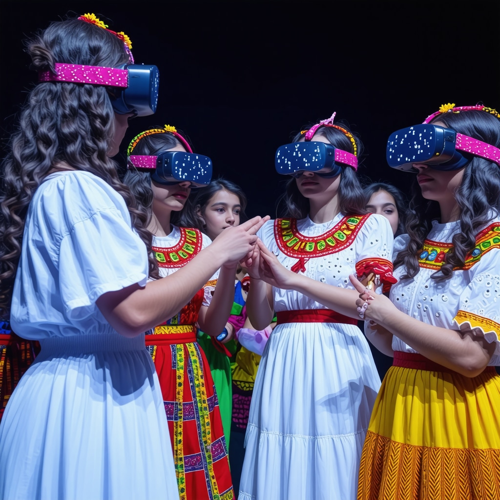 Digital cultural festival in Tetovo showing virtual reality blending traditional costumes and modern tech