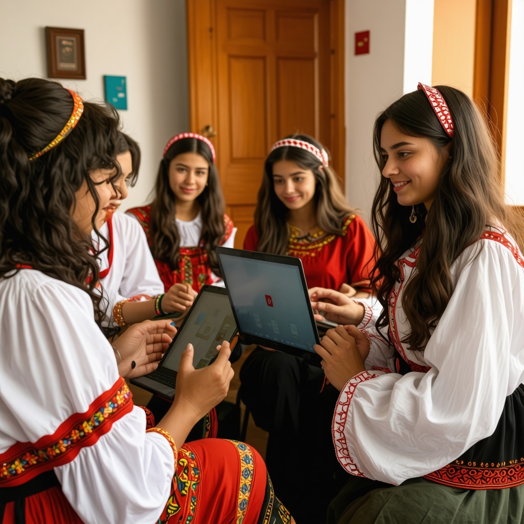 Young people in Biograd na Moru using laptops and traditional attire for digital storytelling