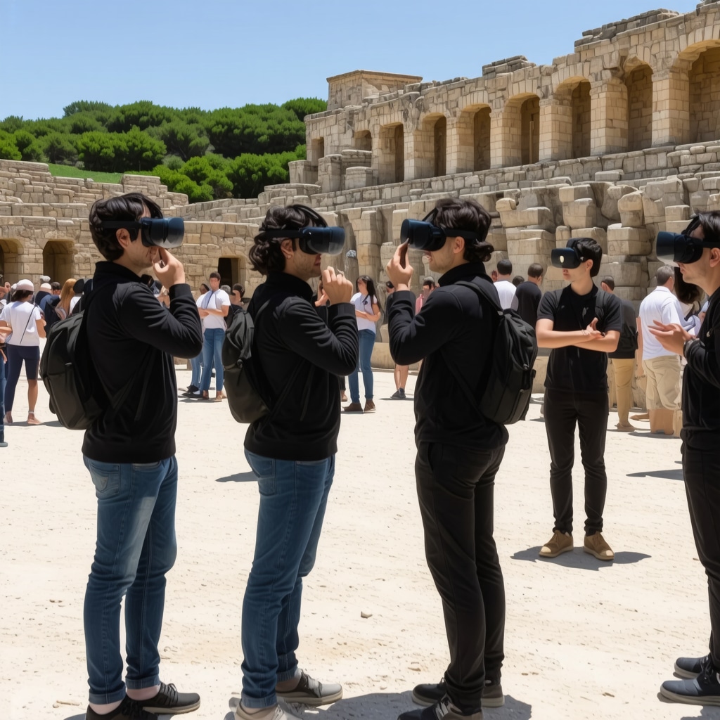 Obiskovalci uporabljajo VR očala pri zgodovinskem arheološkem najdišču v Plovdivu s tehnologijo AR