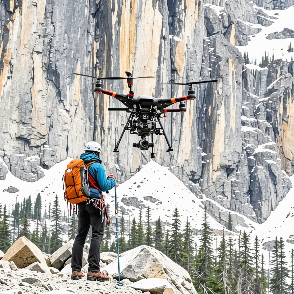 Drone flying over Durmitor mountains with climbers using advanced gear and sustainable tourism signs