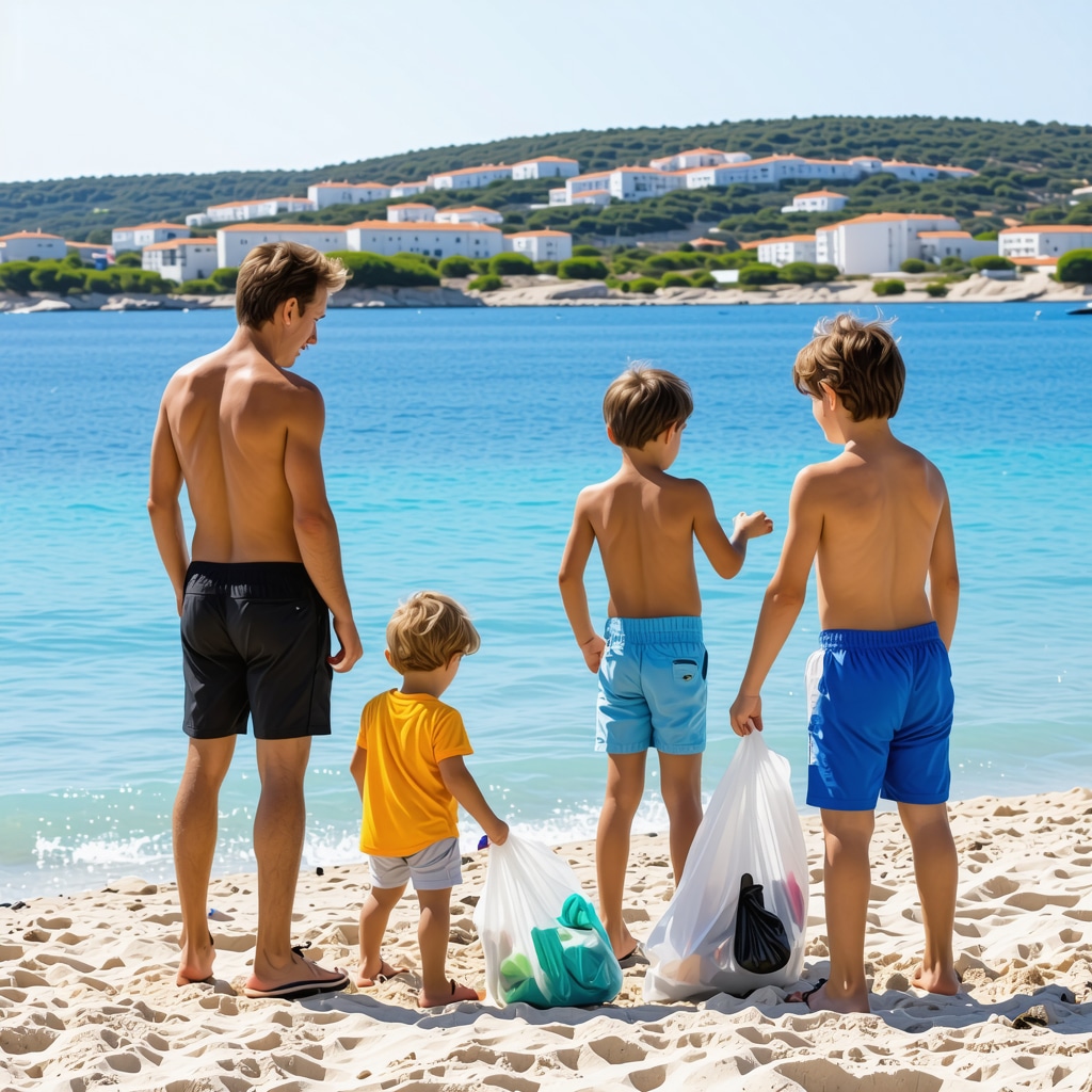 Družina s koši za smeti čisti plažo v Vodicah z Jadranskim morjem v ozadju