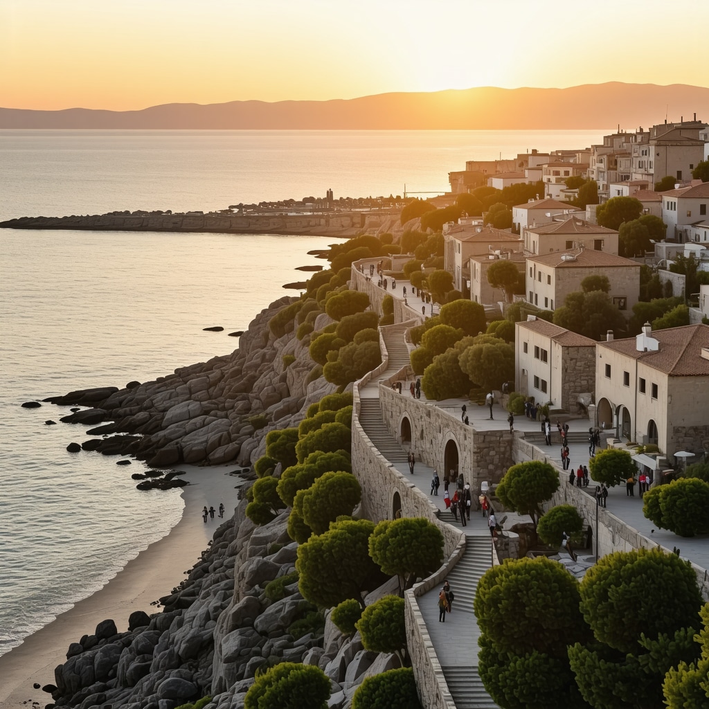 Aerial panorama of Durres showing Roman ruins, modern green architecture and Adriatic coastline with protected marine ecosystems