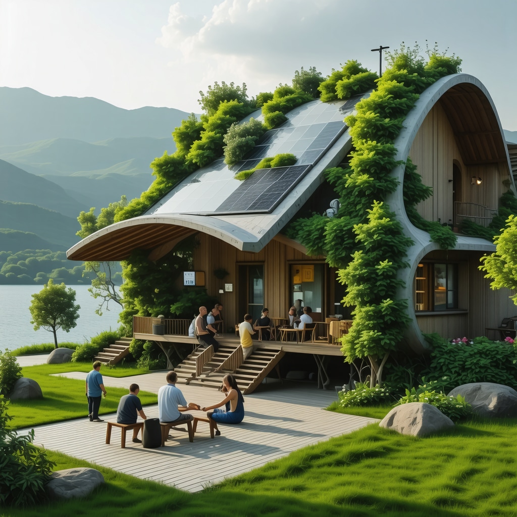 Futuristic sustainable tourism center in Pogradec with solar panels and natural lake scenery