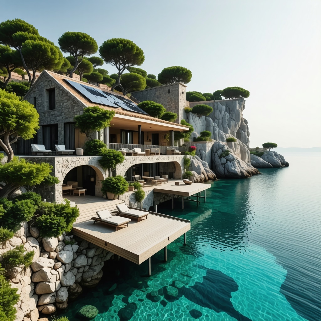 Luxury resort on Adriatic island with solar panels and traditional stone buildings surrounded by blue sea and greenery