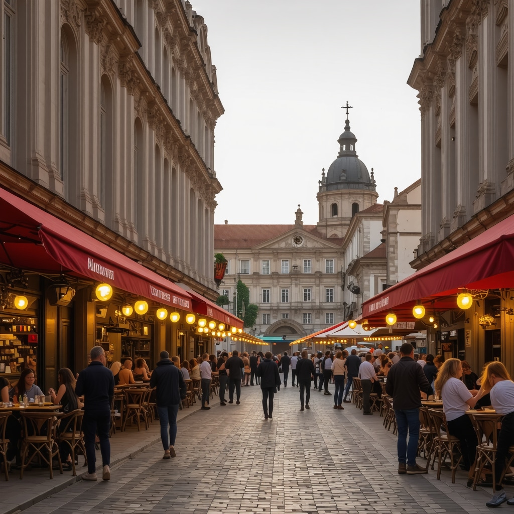 Timisoara street with baroque buildings and festival lights at dusk