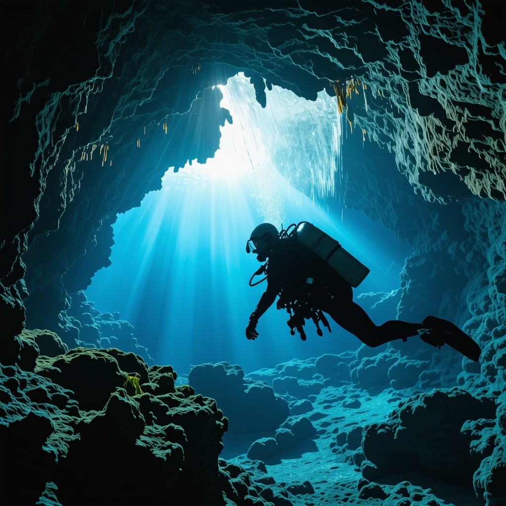 Diver with advanced gear exploring underwater caves and marine life near Saranda