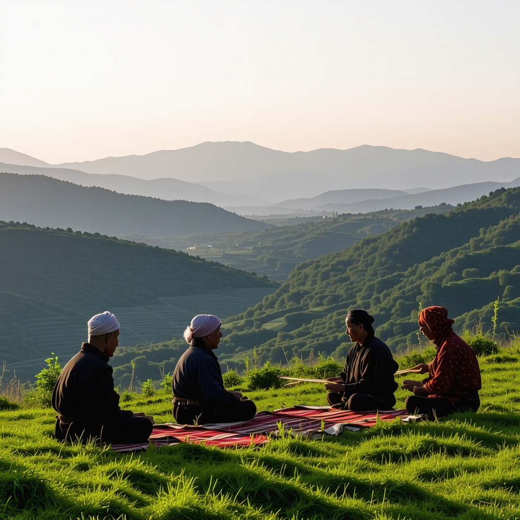 Panoramic view of Gabrovo's hills with artisans weaving traditional textiles