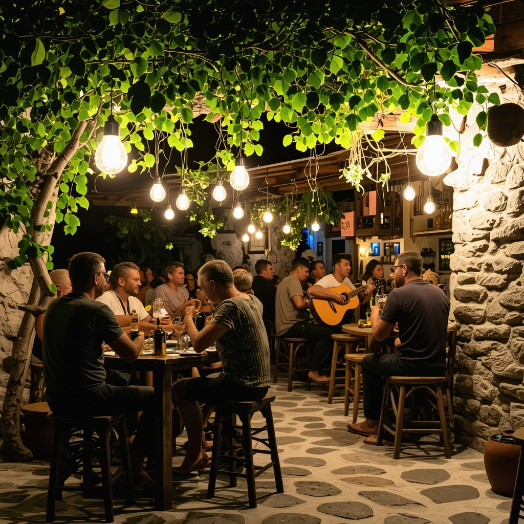 Nighttime view of a hidden bar on Hvar island with locals enjoying music and sustainable decor
