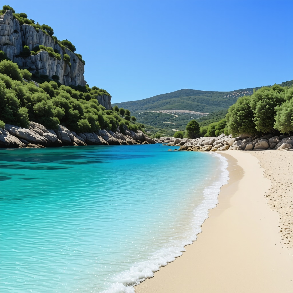 Crystal-clear turquoise water beach in Himara with olive groves and hills