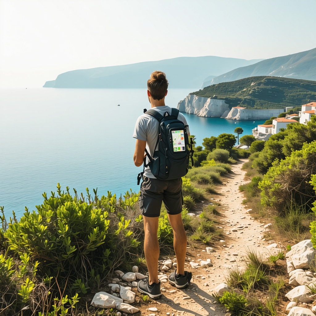 Hiker with GPS device on trail overlooking Dubrovnik coastline with digital map overlays