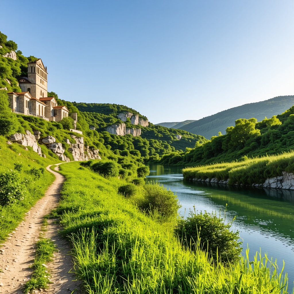 A scenic hiking trail in Krka National Park featuring waterfalls and a historic monastery surrounded by lush greenery