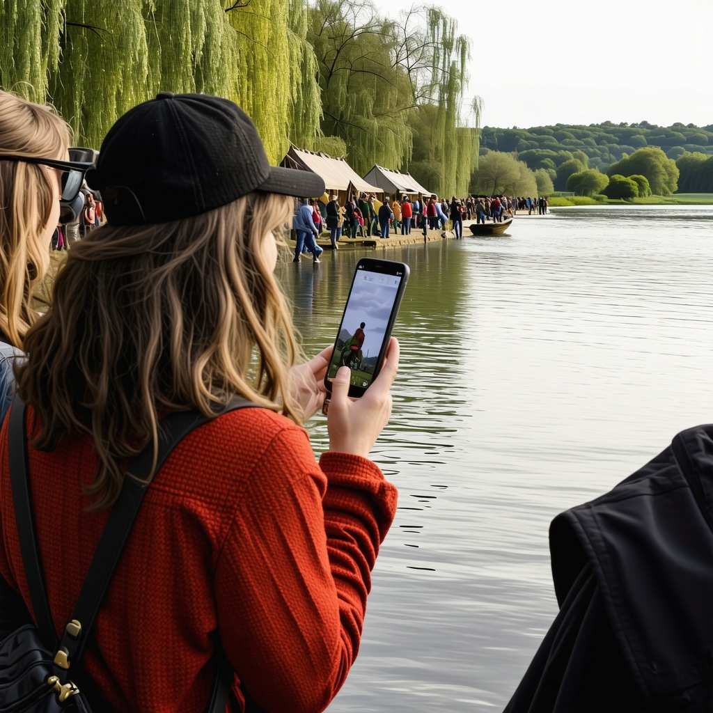 Visitors using augmented reality technology at Čapljina Festival 2024 by the river
