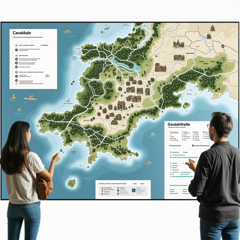 Digital map display illustrating Çanakkale's cultural and natural heritage with local guides for sustainable tourism