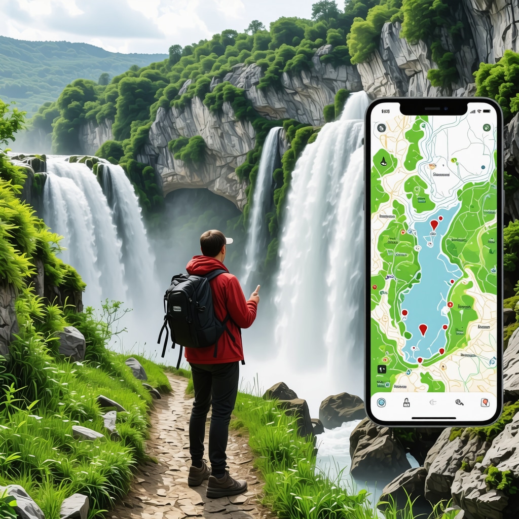 Pohodnik uporablja mobilno aplikacijo z AR prikazi naravnih in geoloških znamenitosti v Nacionalnem parku Krka