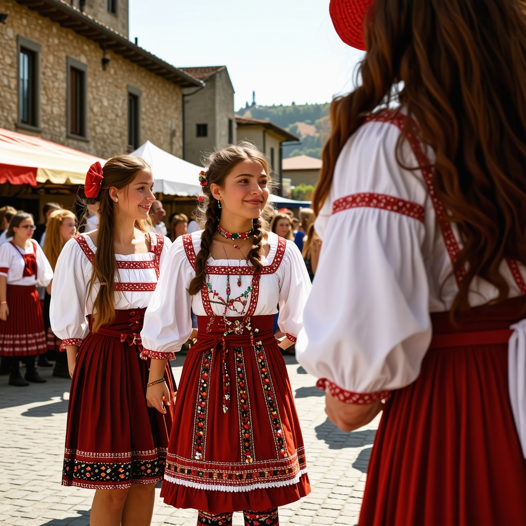 People in traditional ethnic costumes celebrating cultural diversity at a festival in Kruševo's historic town square