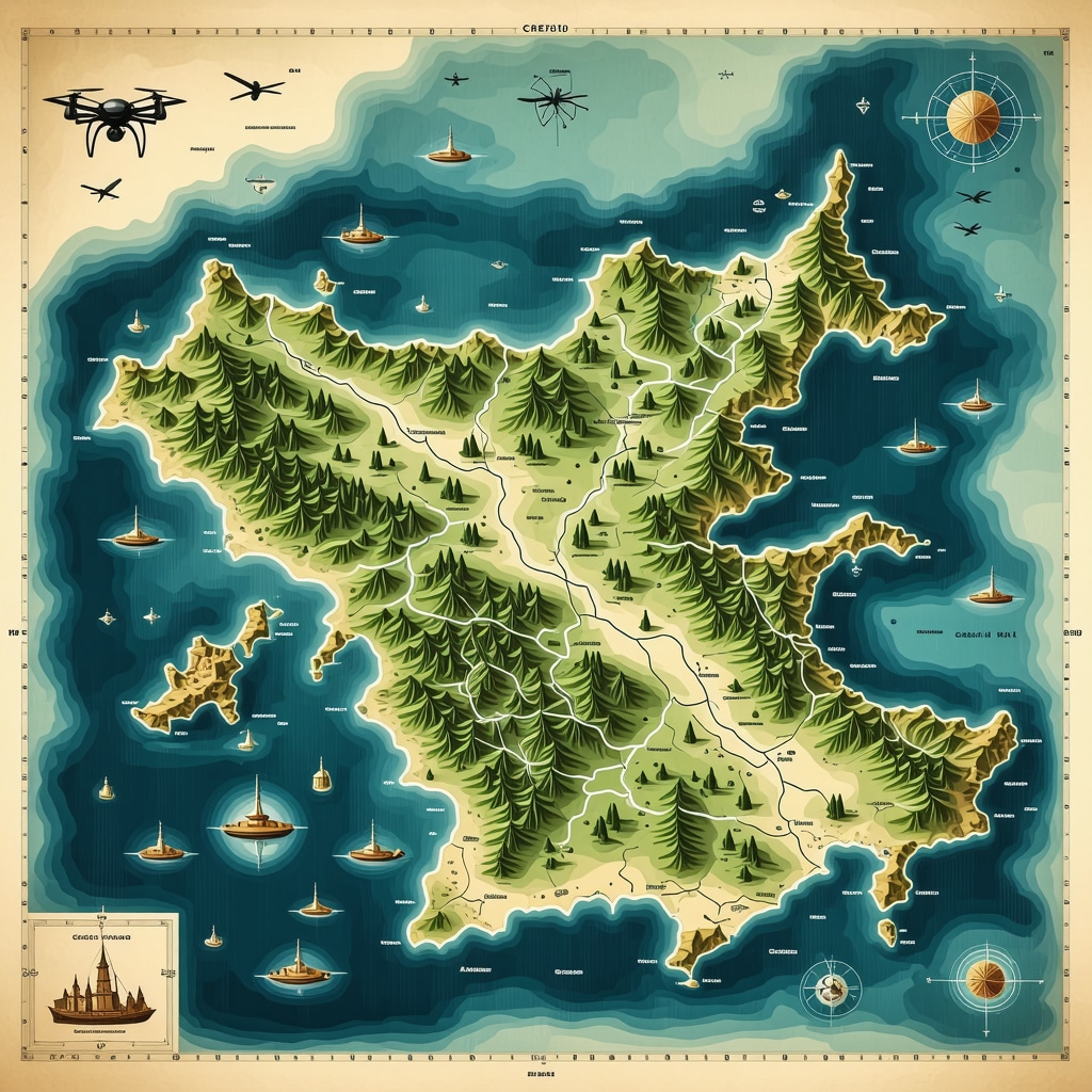 Map of Crete highlighting ecological zones and sustainable tourism trails with symbols for drones, local artisans, and traditional landscapes