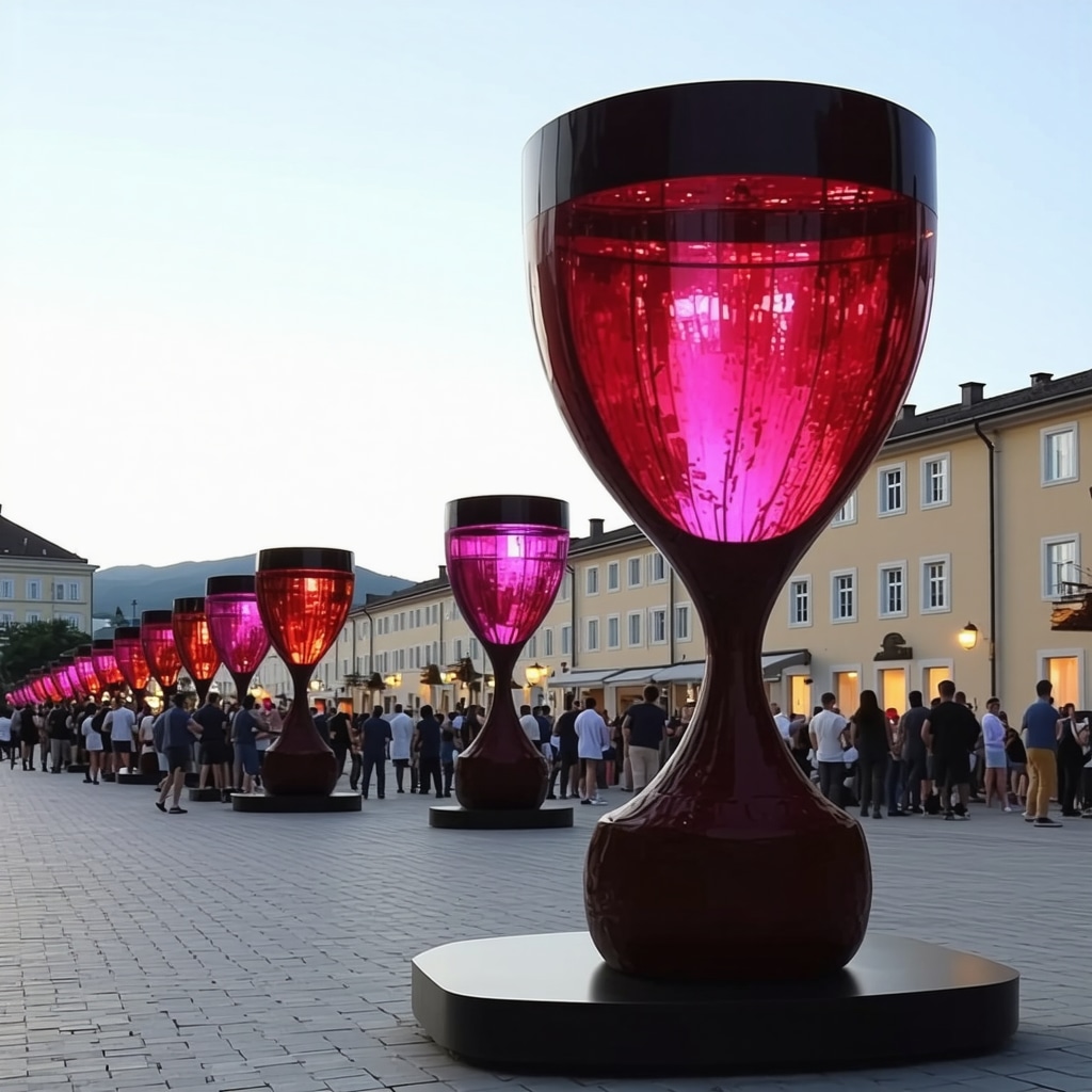 Outdoor wine festival in Maribor featuring art installations and sustainable elements at dusk