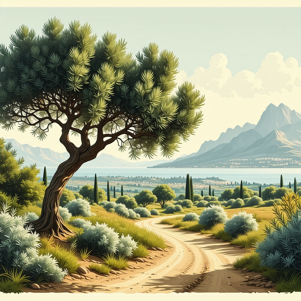 Illustration depicting Thessaloniki's microclimate impact on olive trees and herbs for local cuisine