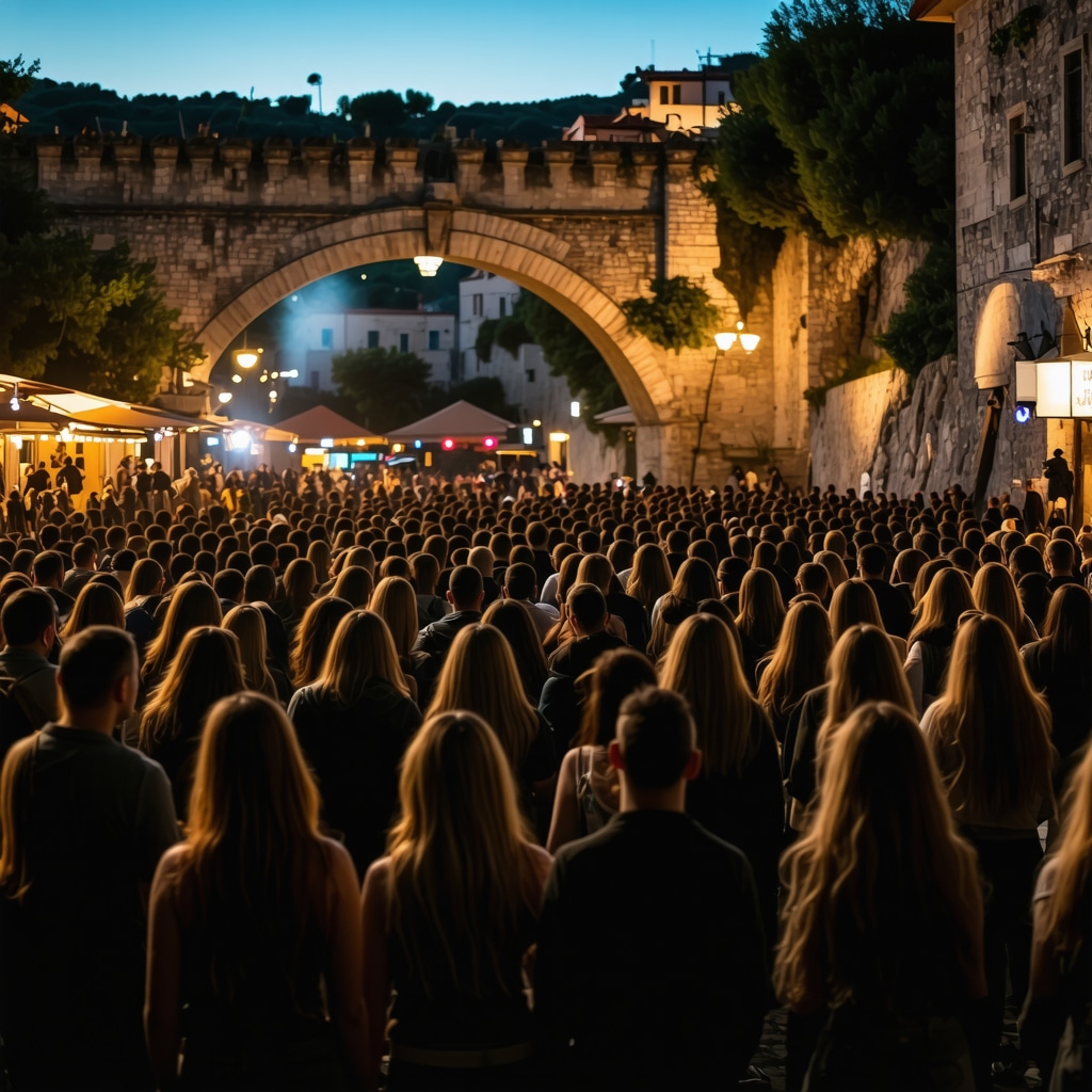 Nočni prizor festivala kulture in glasbe v Mostarju z razsvetljenim starim mostom in obiskovalci