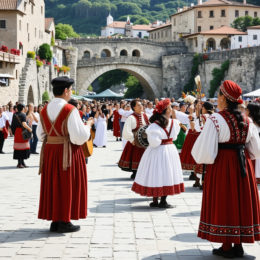 Mostar Old Bridge with locals and tourists celebrating a cultural festival with traditional costumes and music