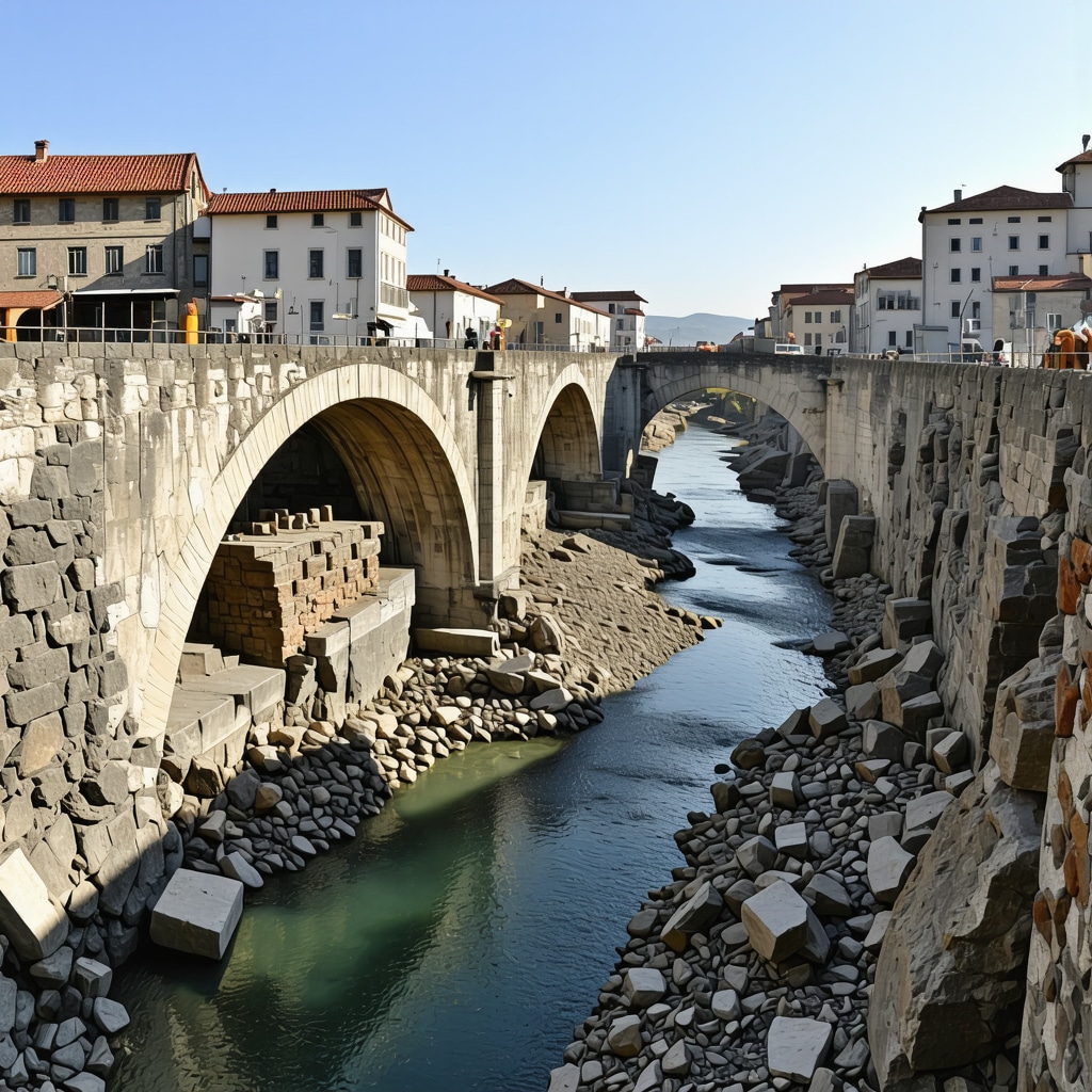 Restoration of Mostar Old Bridge using modern 3D scanning technology with conservationists at work