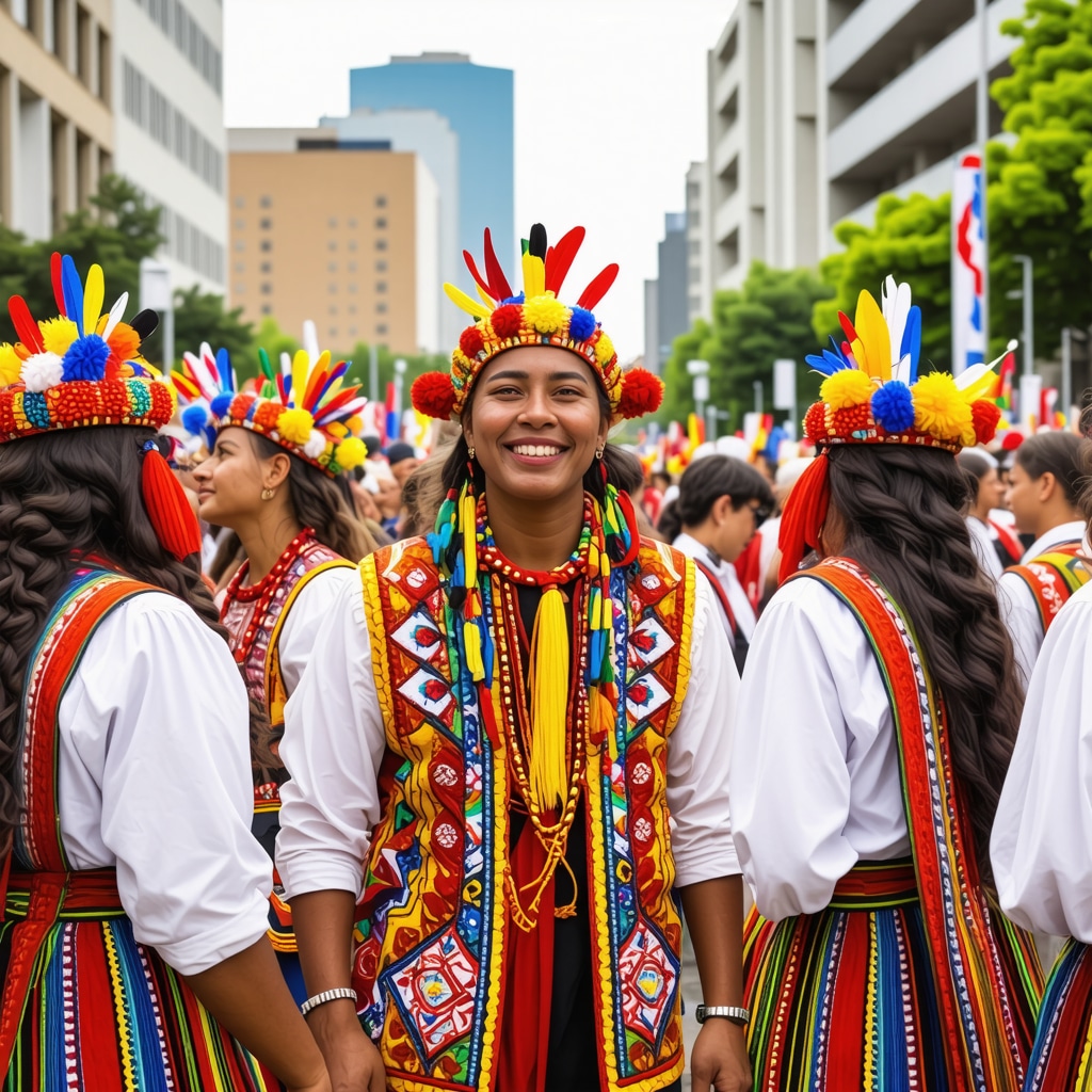 People from various ethnic groups celebrating a cultural festival in Skopje with city buildings in the background